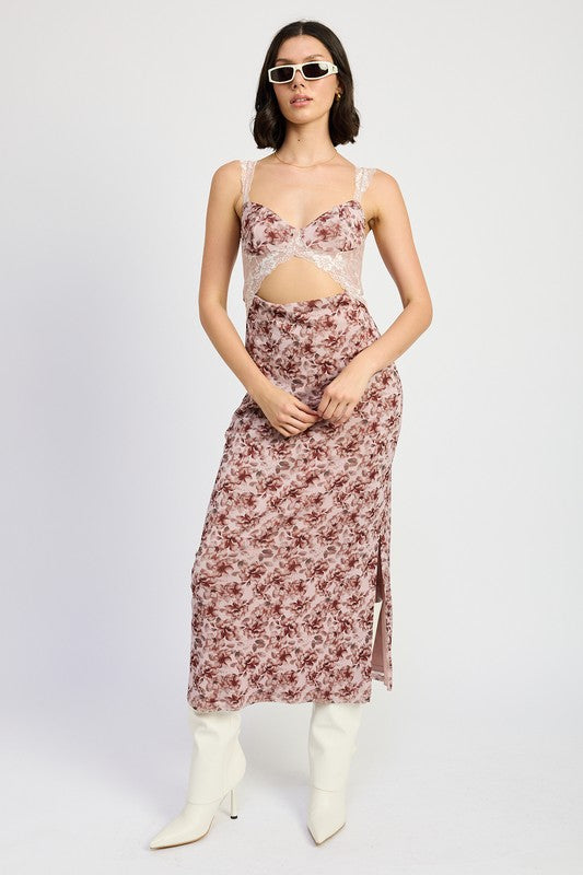 LACE CONTRASTED MIDI DRESS WITH SIDE SLIT Maison Lilly & Luxe LACE CONTRASTED MIDI DRESS WITH SIDE SLIT Maison Lilly & Luxe