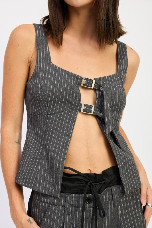 PINSTRIPES SQUARED NECK TOP WITH BUCKLE DETAIL