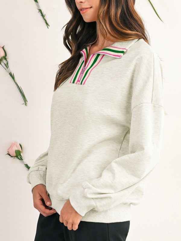 Cotton Stripe Collar Patchwork Pullover Sweatshirt