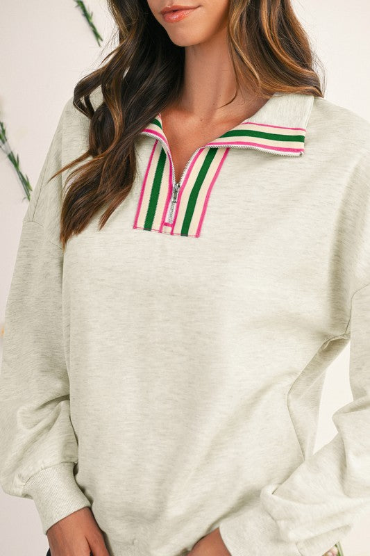 Cotton Stripe Collar Patchwork Pullover Sweatshirt