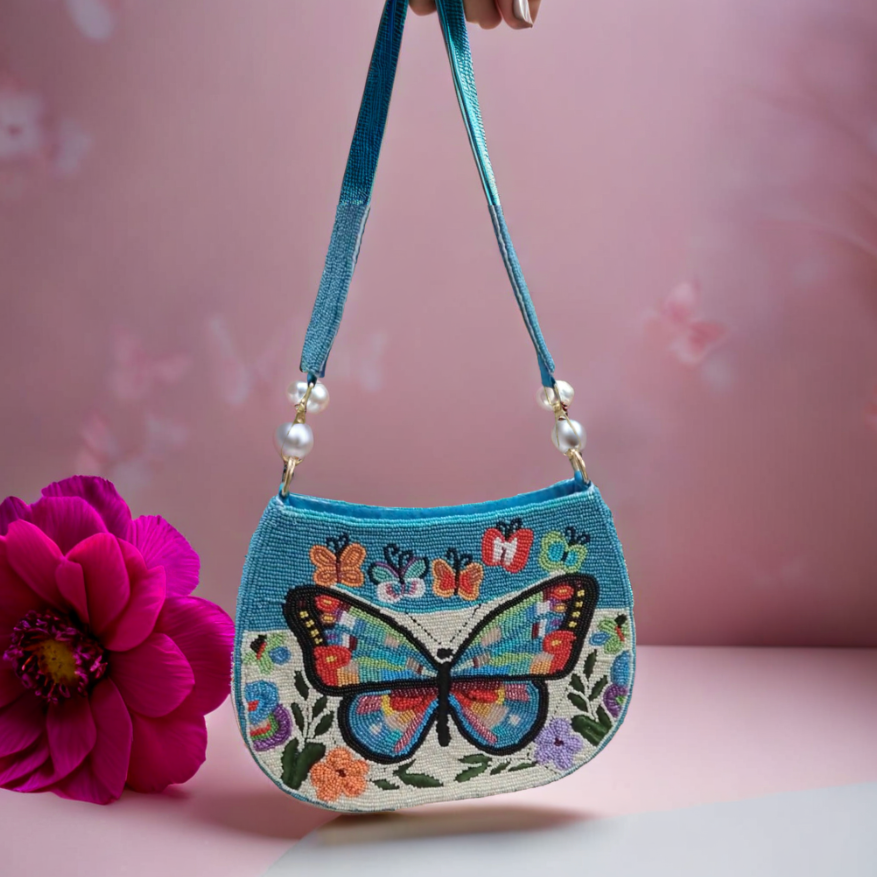   Beaded Bag by Lilly & Luxe featuring handcrafted butterfly  beadwork in multicolor.