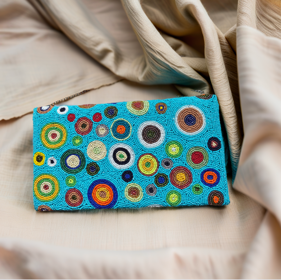 Embellished  tribal clutch  by Lilly & Luxe featuring handcrafted beadwork clutch purse for all occasions