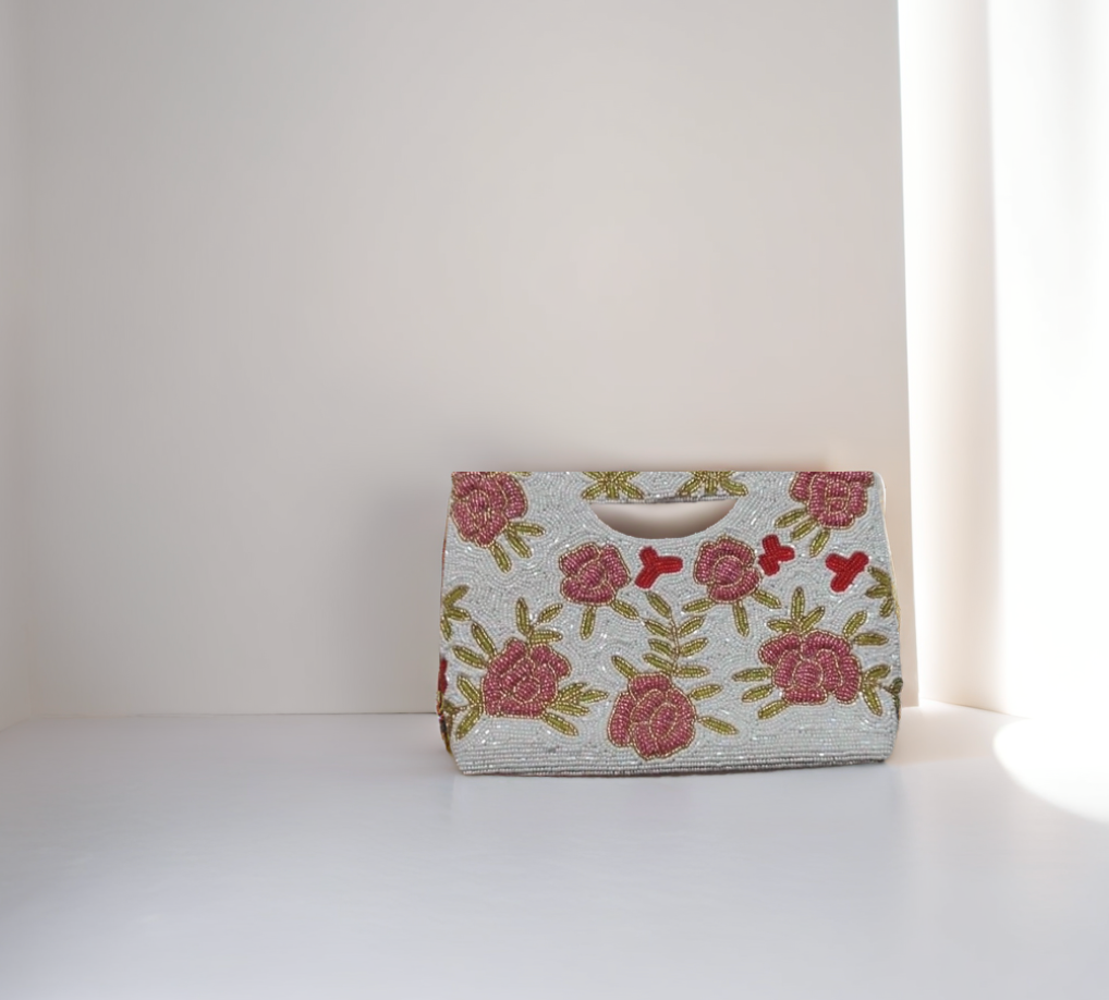 Vintage Style Pink Rose Beaded Bag
