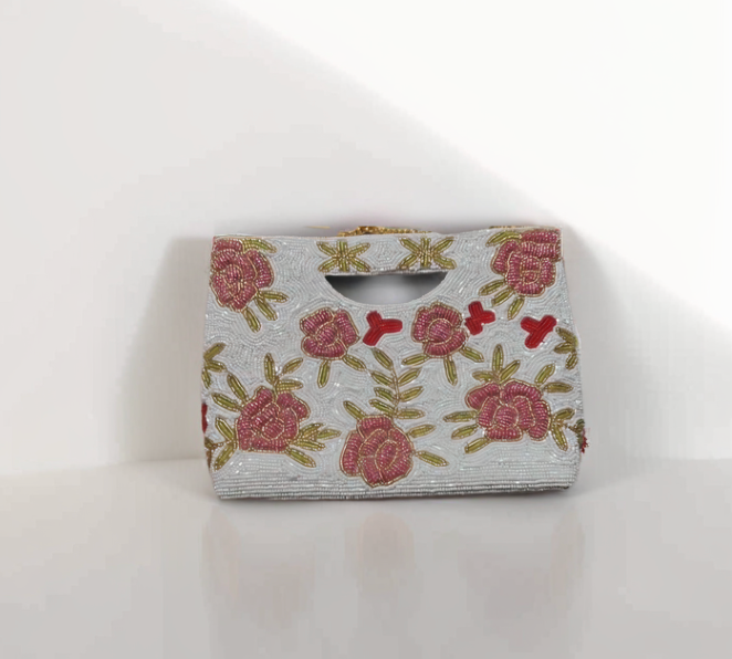 Vacation rose beaded Embellished  mini beaded tote  by Lilly & Luxe featuring handcrafted beadwork clutch purse for all occasions.