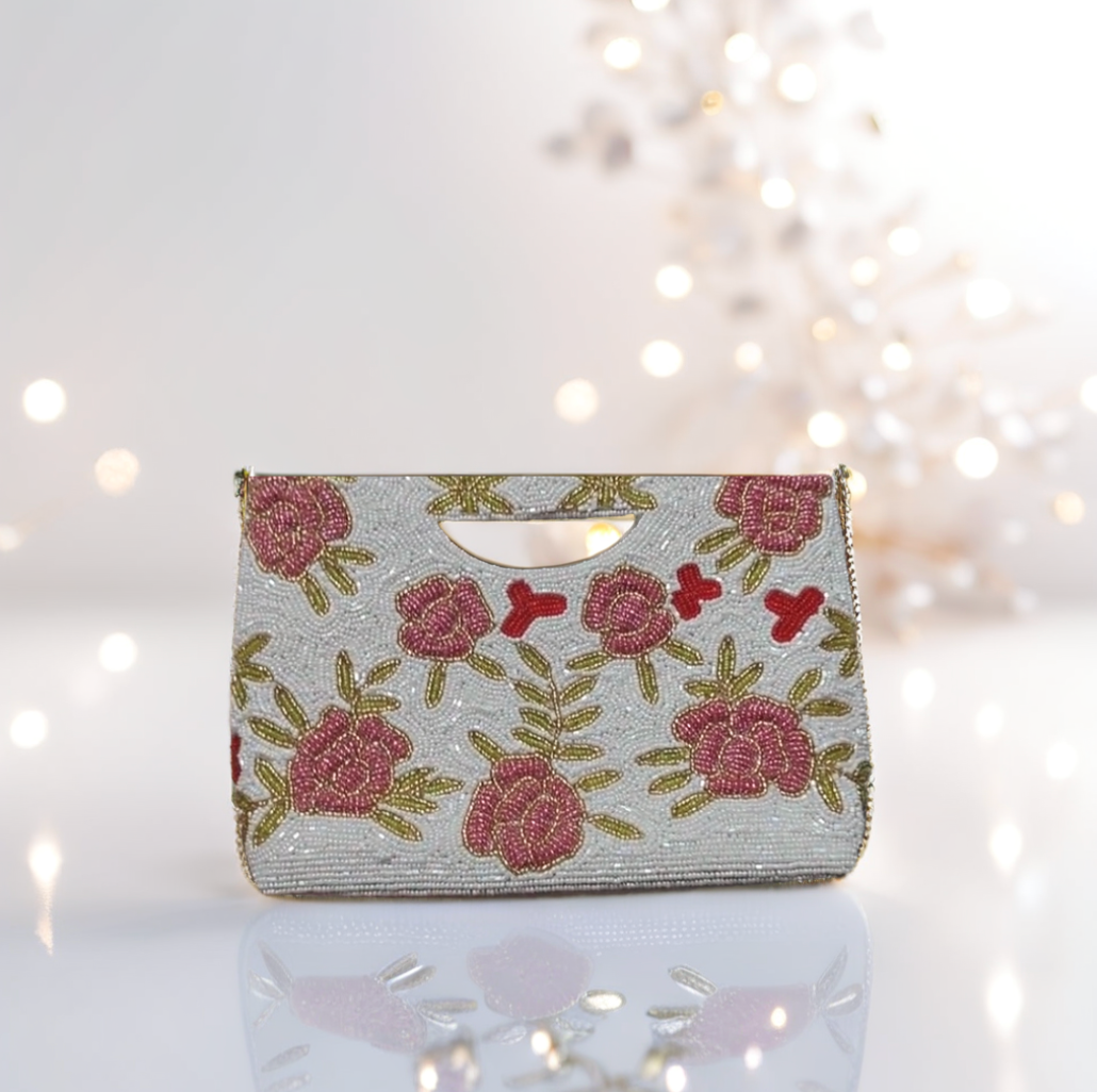 Vacation rose beaded Embellished  mini beaded tote  by Lilly & Luxe featuring handcrafted beadwork clutch purse for all occasions.