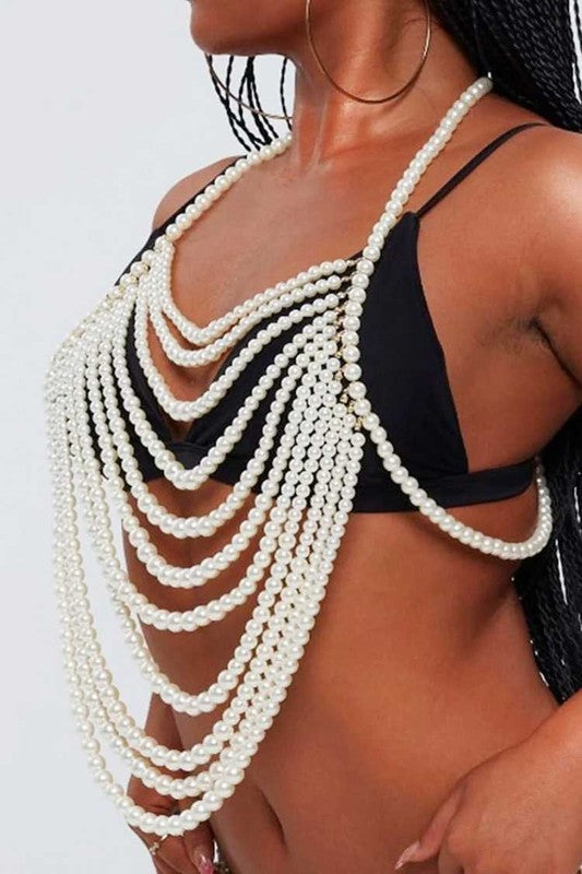 Pearls beaded dramatic body chain