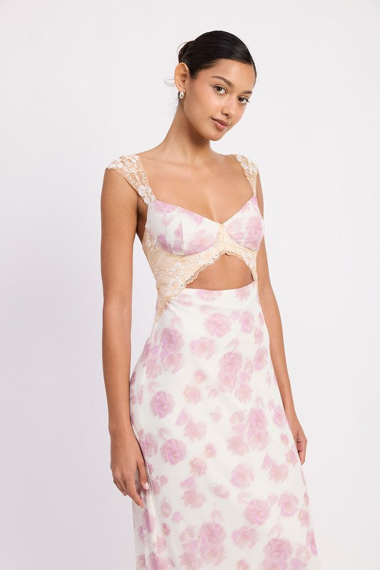 Lace trim floral mesh maxi dress with bust cutout