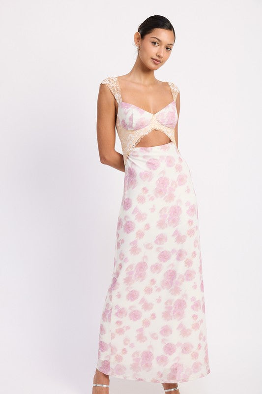 Floral maxi dress mesh lace trim with bust cutout