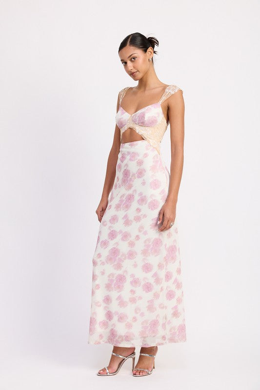 Bust cutout floral mesh lace trim maxi dress