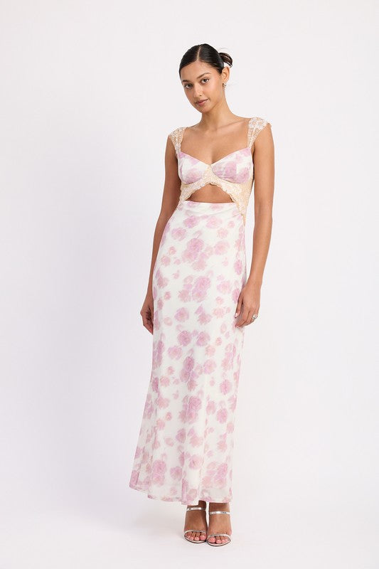 Mesh lace trim floral maxi dress with bust cutout