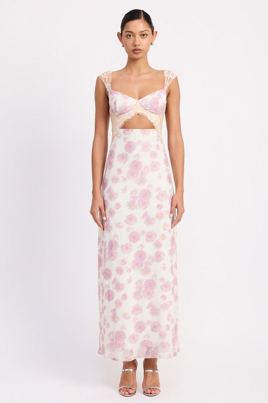 Maxi floral mesh lace trim dress with bust cutout