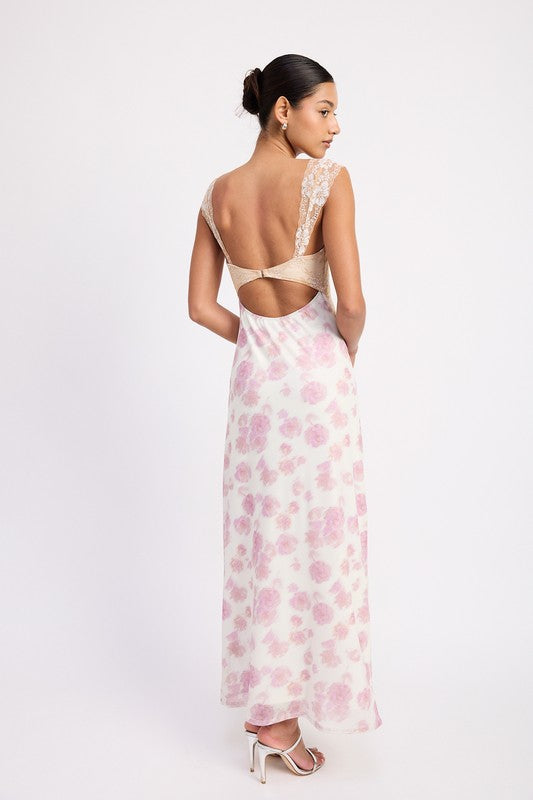 Bust cutout maxi dress floral mesh lace trim