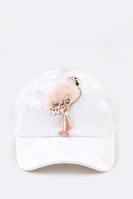 Fur & Beaded Flamingo Distressed Velour Fashion Hat