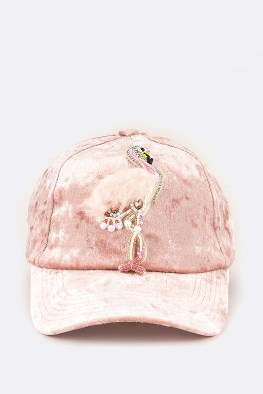 Fur & Beaded Flamingo Distressed Velour Fashion Hat