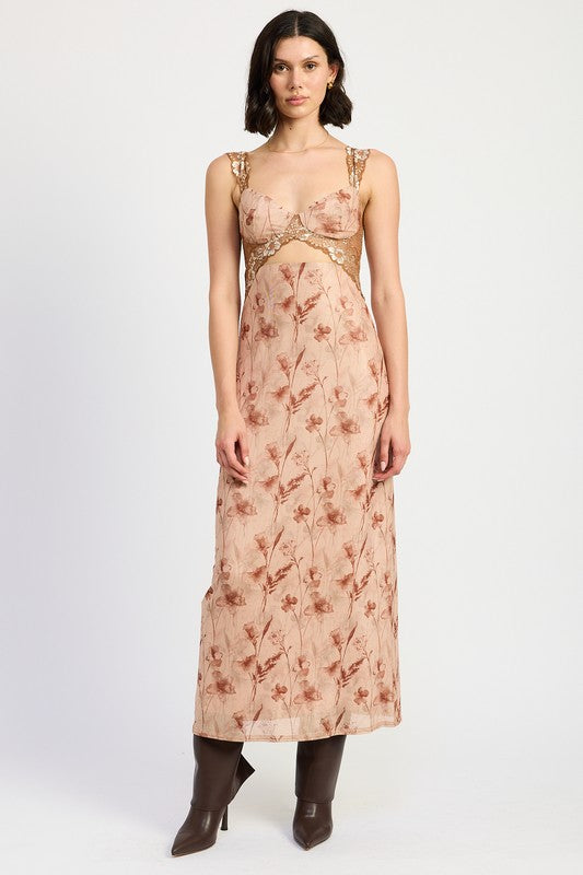LACE CONTRAST CUT OUTMAXI DRESS