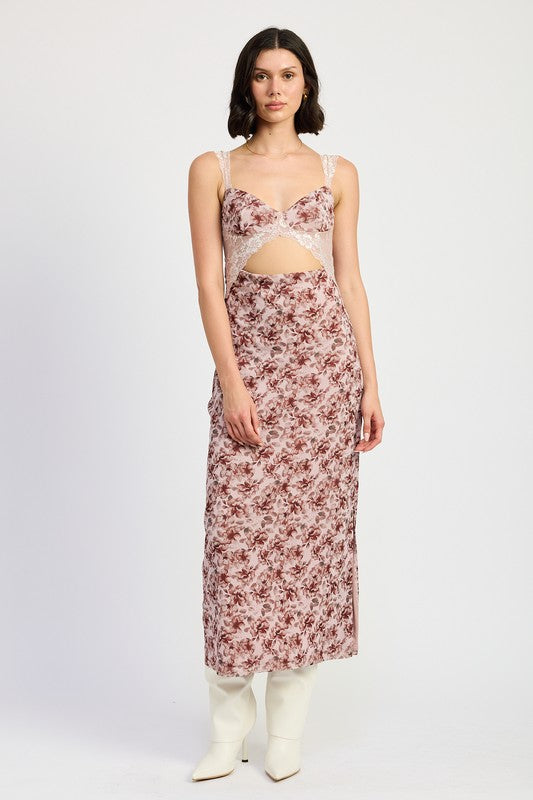 Side slit lace contrasted midi dress