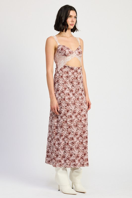 Side slit lace contrasted midi dress