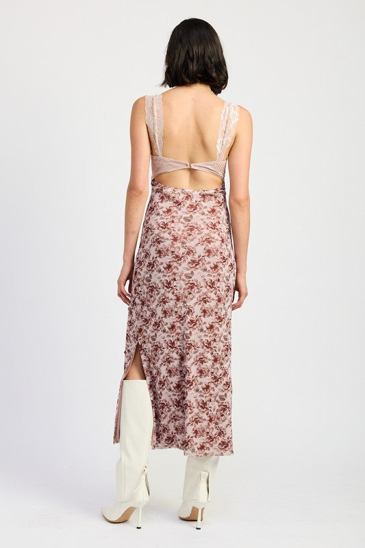 Midi lace contrasted dress with side slit
