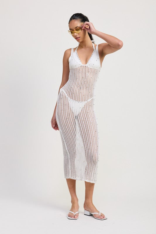 Metalic crochet beaded dress maxi