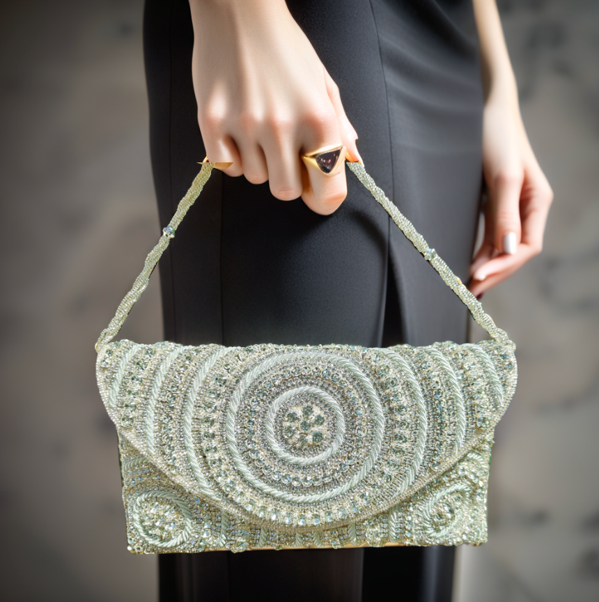 Silver Clutch, Pretty Silver Beaded Purse, Crossbody Envelope Sling,
